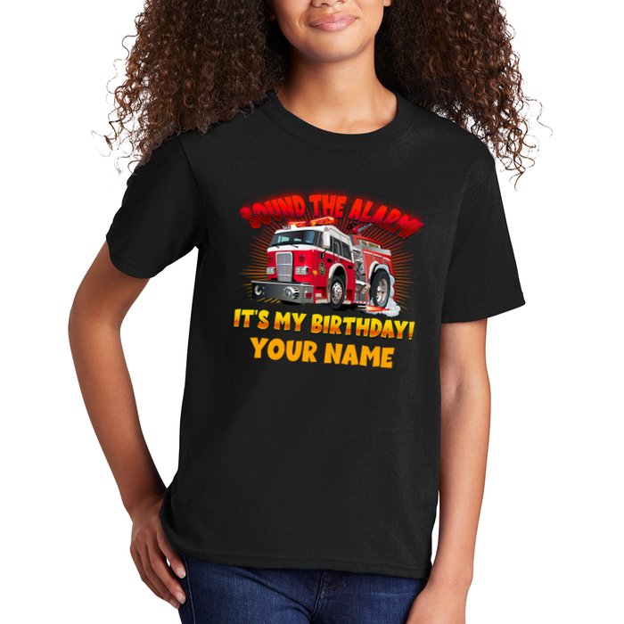 Custom Name Funny Sound The Alarm It's My Birthday Firetruck Kids T-Shirt