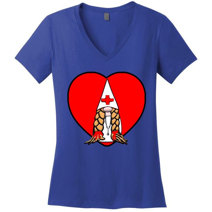 Cute Nordic Gnome Nurse Stethoscope Heartbeat Heart Gift Women's V-Neck T-Shirt