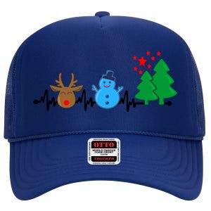 Christmas Nurse Heartbeat Reindeer Snow Ekg Xmas Holiday Gift High Crown Mesh Back Trucker Hat