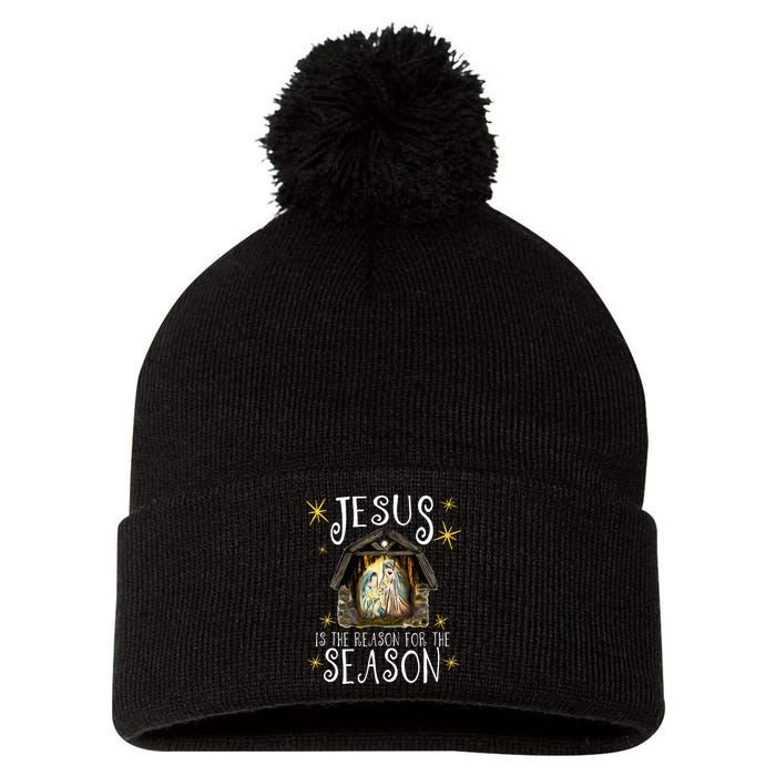 Christmas Nativity Jesus Is The Reason For The Season Manger Pom Pom 12in Knit Beanie