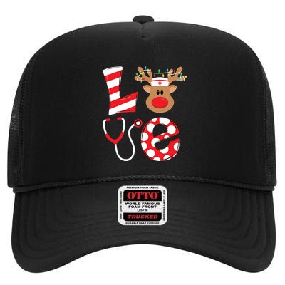 Christmas Nurse Love Nicu Rn Er Santa Reindeer Nurse Hat Elf High Crown Mesh Back Trucker Hat