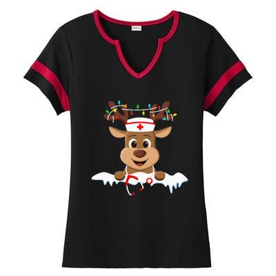 Christmas Nurse Love NICU RN ER Santa Reindeer Nurse Hat Elf Ladies Halftime Notch Neck Tee