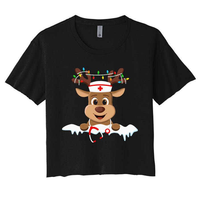 Christmas Nurse Love NICU RN ER Santa Reindeer Nurse Hat Elf Women's Crop Top Tee