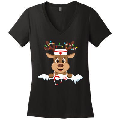 Christmas Nurse Love NICU RN ER Santa Reindeer Nurse Hat Elf Women's V-Neck T-Shirt