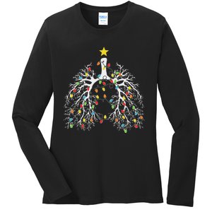 Christmas Nurse Lung Xmas Lights Funny Pulmonologist Xmas Ladies Long Sleeve Shirt