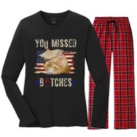 Cat Nine Lives Bitches You Missed Funny Trump Survived Women's Long Sleeve Flannel Pajama Set 