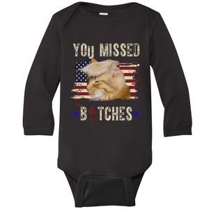 Cat Nine Lives Bitches You Missed Funny Trump Survived Baby Long Sleeve Bodysuit