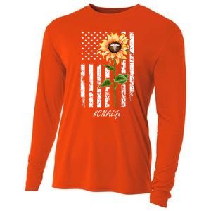 Cna Nurse Life Sunflower Peace Usa Flag America Independence Gift Cooling Performance Long Sleeve Crew