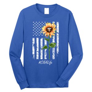 Cna Nurse Life Sunflower Peace Usa Flag America Independence Gift Long Sleeve Shirt