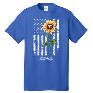 Cna Nurse Life Sunflower Peace Usa Flag America Independence Gift Tall T-Shirt