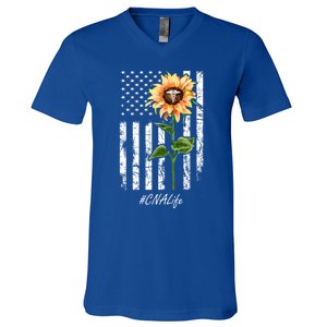 Cna Nurse Life Sunflower Peace Usa Flag America Independence Gift V-Neck T-Shirt