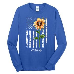 Cna Nurse Life Sunflower Peace Usa Flag America Independence Gift Tall Long Sleeve T-Shirt