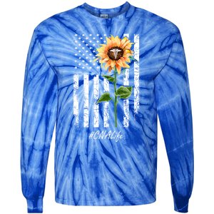 Cna Nurse Life Sunflower Peace Usa Flag America Independence Gift Tie-Dye Long Sleeve Shirt