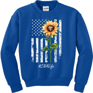 Cna Nurse Life Sunflower Peace Usa Flag America Independence Gift Kids Sweatshirt