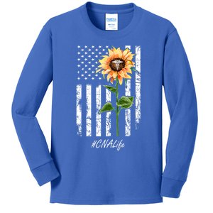 Cna Nurse Life Sunflower Peace Usa Flag America Independence Gift Kids Long Sleeve Shirt