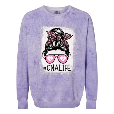 Cna Nurse Life Bleached P.Ink Leopard Messy Bun Women Colorblast Crewneck Sweatshirt