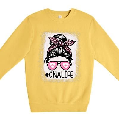 Cna Nurse Life Bleached P.Ink Leopard Messy Bun Women Premium Crewneck Sweatshirt