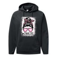 Cna Nurse Life Bleached P.Ink Leopard Messy Bun Women Performance Fleece Hoodie