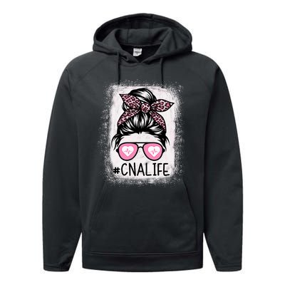 Cna Nurse Life Bleached P.Ink Leopard Messy Bun Women Performance Fleece Hoodie