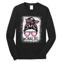 Cna Nurse Life Bleached P.Ink Leopard Messy Bun Women Long Sleeve Shirt