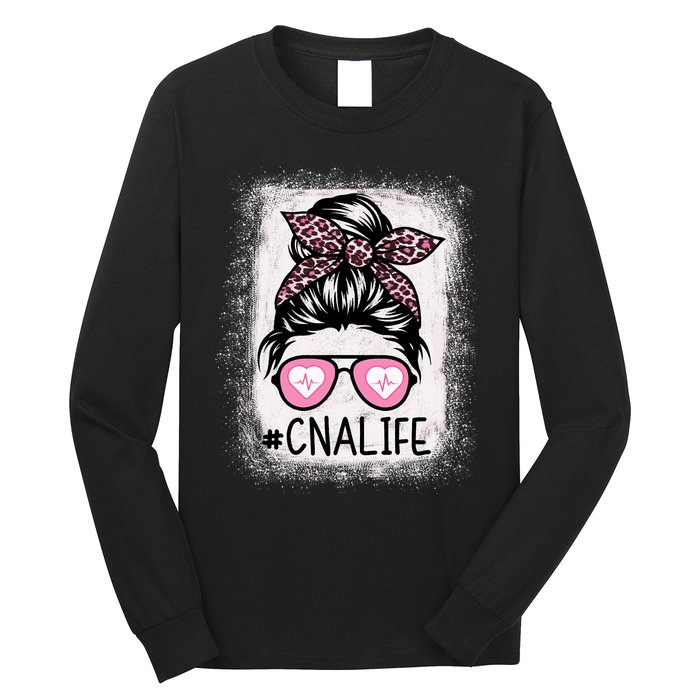 Cna Nurse Life Bleached P.Ink Leopard Messy Bun Women Long Sleeve Shirt