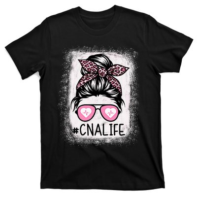 Cna Nurse Life Bleached P.Ink Leopard Messy Bun Women T-Shirt