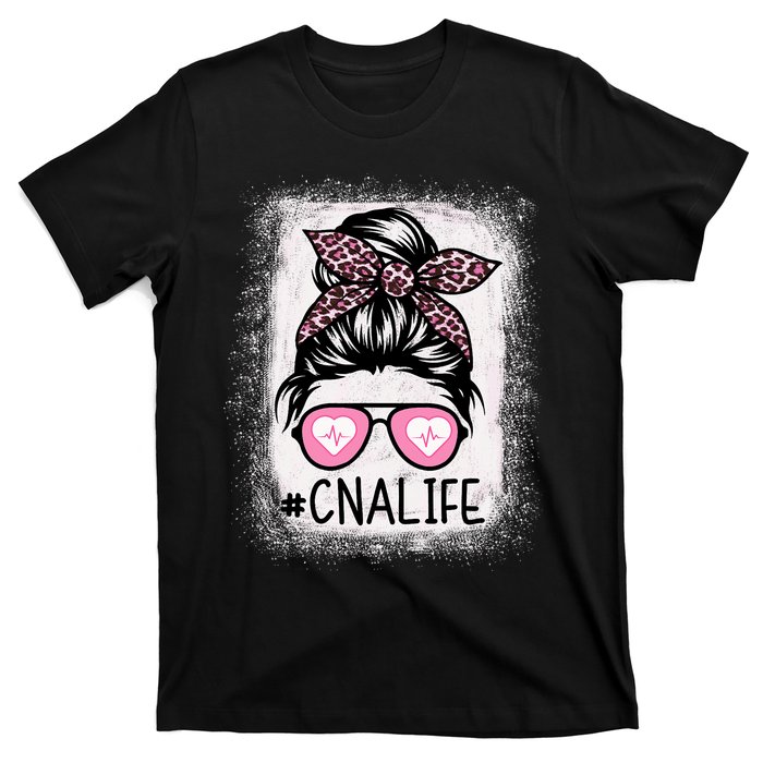 Cna Nurse Life Bleached P.Ink Leopard Messy Bun Women T-Shirt