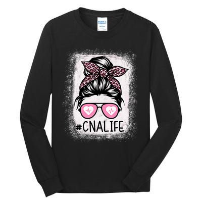 Cna Nurse Life Bleached P.Ink Leopard Messy Bun Women Tall Long Sleeve T-Shirt