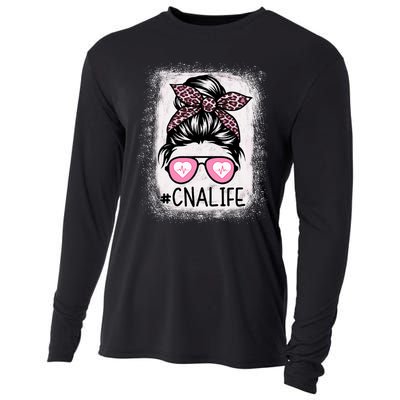 Cna Nurse Life Bleached P.Ink Leopard Messy Bun Women Cooling Performance Long Sleeve Crew