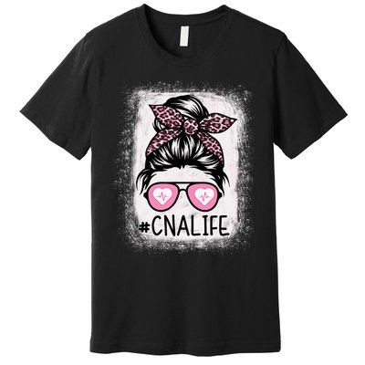 Cna Nurse Life Bleached P.Ink Leopard Messy Bun Women Premium T-Shirt