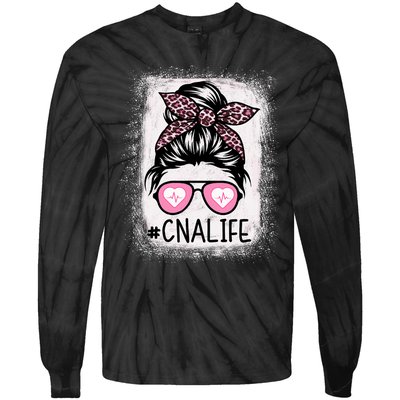 Cna Nurse Life Bleached P.Ink Leopard Messy Bun Women Tie-Dye Long Sleeve Shirt