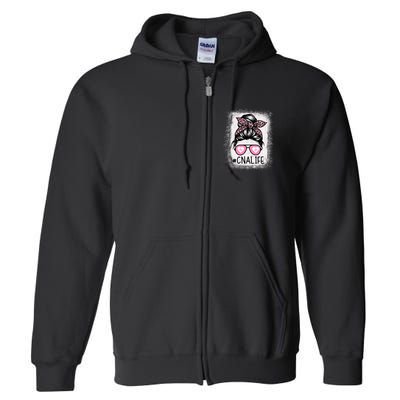 Cna Nurse Life Bleached P.Ink Leopard Messy Bun Women Full Zip Hoodie