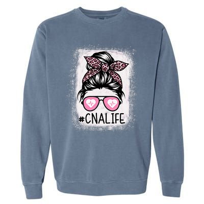 Cna Nurse Life Bleached P.Ink Leopard Messy Bun Women Garment-Dyed Sweatshirt