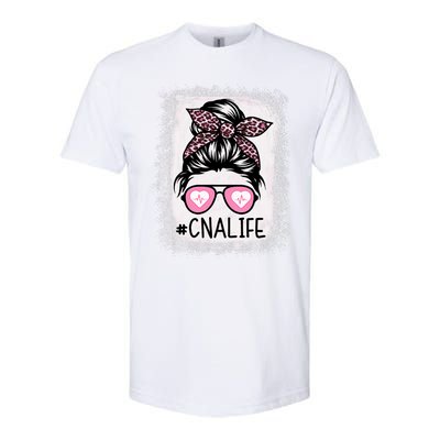 Cna Nurse Life Bleached P.Ink Leopard Messy Bun Women Softstyle CVC T-Shirt