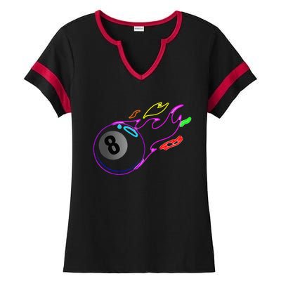 Colorful Neon Lights Eight Ball Billiards Pool Ladies Halftime Notch Neck Tee