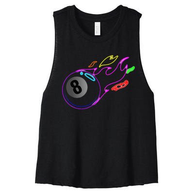 Colorful Neon Lights Eight Ball Billiards Pool Women's Racerback Cropped Tank