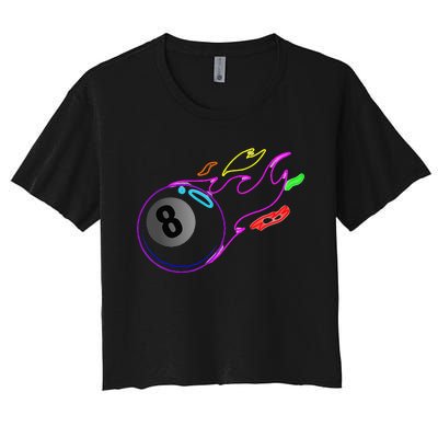 Colorful Neon Lights Eight Ball Billiards Pool Women's Crop Top Tee