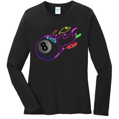 Colorful Neon Lights Eight Ball Billiards Pool Ladies Long Sleeve Shirt