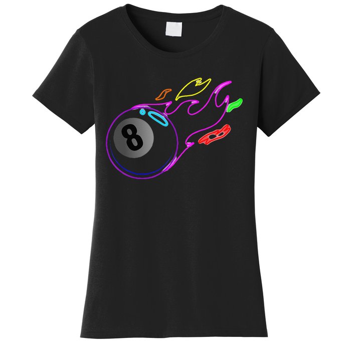 Colorful Neon Lights Eight Ball Billiards Pool Women's T-Shirt