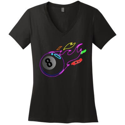 Colorful Neon Lights Eight Ball Billiards Pool Women's V-Neck T-Shirt