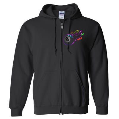 Colorful Neon Lights Eight Ball Billiards Pool Full Zip Hoodie