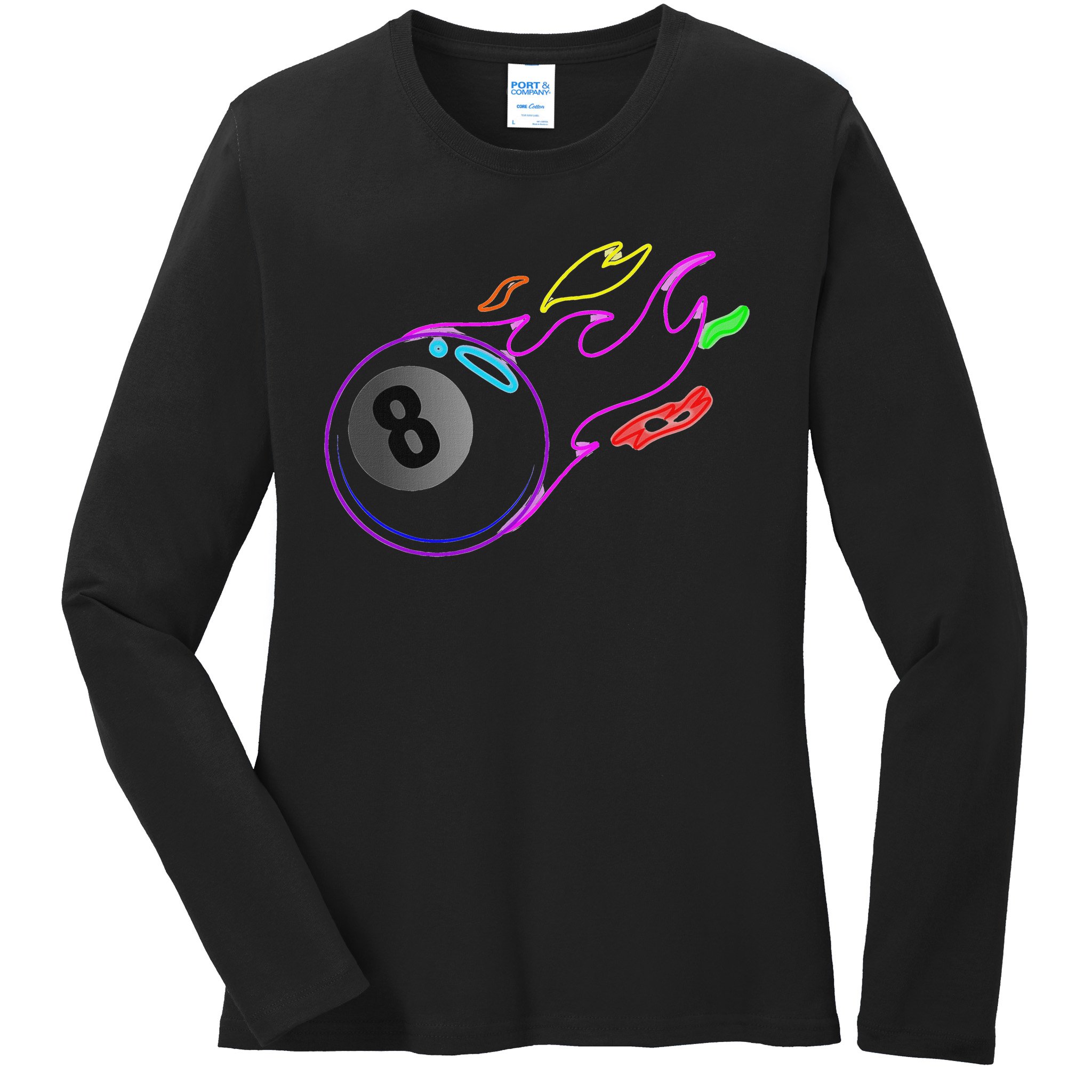 Colorful Neon Lights Eight Ball Billiards Pool Mm Ladies Long Sleeve Shirt