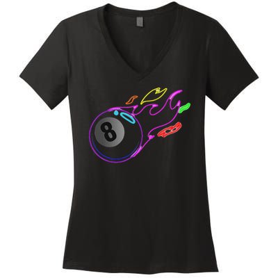 Colorful Neon Lights Eight Ball Billiards Pool Mm Women's V-Neck T-Shirt