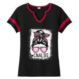 CNA Nurse Life Bleached Pink Leopard Messy Bun Ladies Halftime Notch Neck Tee