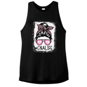 CNA Nurse Life Bleached Pink Leopard Messy Bun Ladies PosiCharge Tri-Blend Wicking Tank