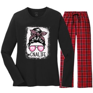 CNA Nurse Life Bleached Pink Leopard Messy Bun Women's Long Sleeve Flannel Pajama Set 