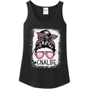 CNA Nurse Life Bleached Pink Leopard Messy Bun Ladies Essential Tank