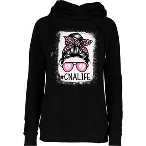 CNA Nurse Life Bleached Pink Leopard Messy Bun Womens Funnel Neck Pullover Hood