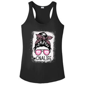 CNA Nurse Life Bleached Pink Leopard Messy Bun Ladies PosiCharge Competitor Racerback Tank