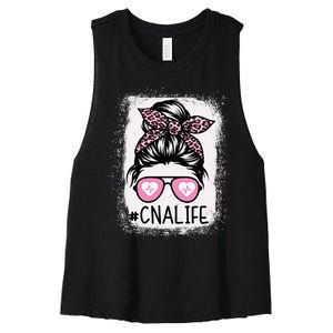 CNA Nurse Life Bleached Pink Leopard Messy Bun Women's Racerback Cropped Tank